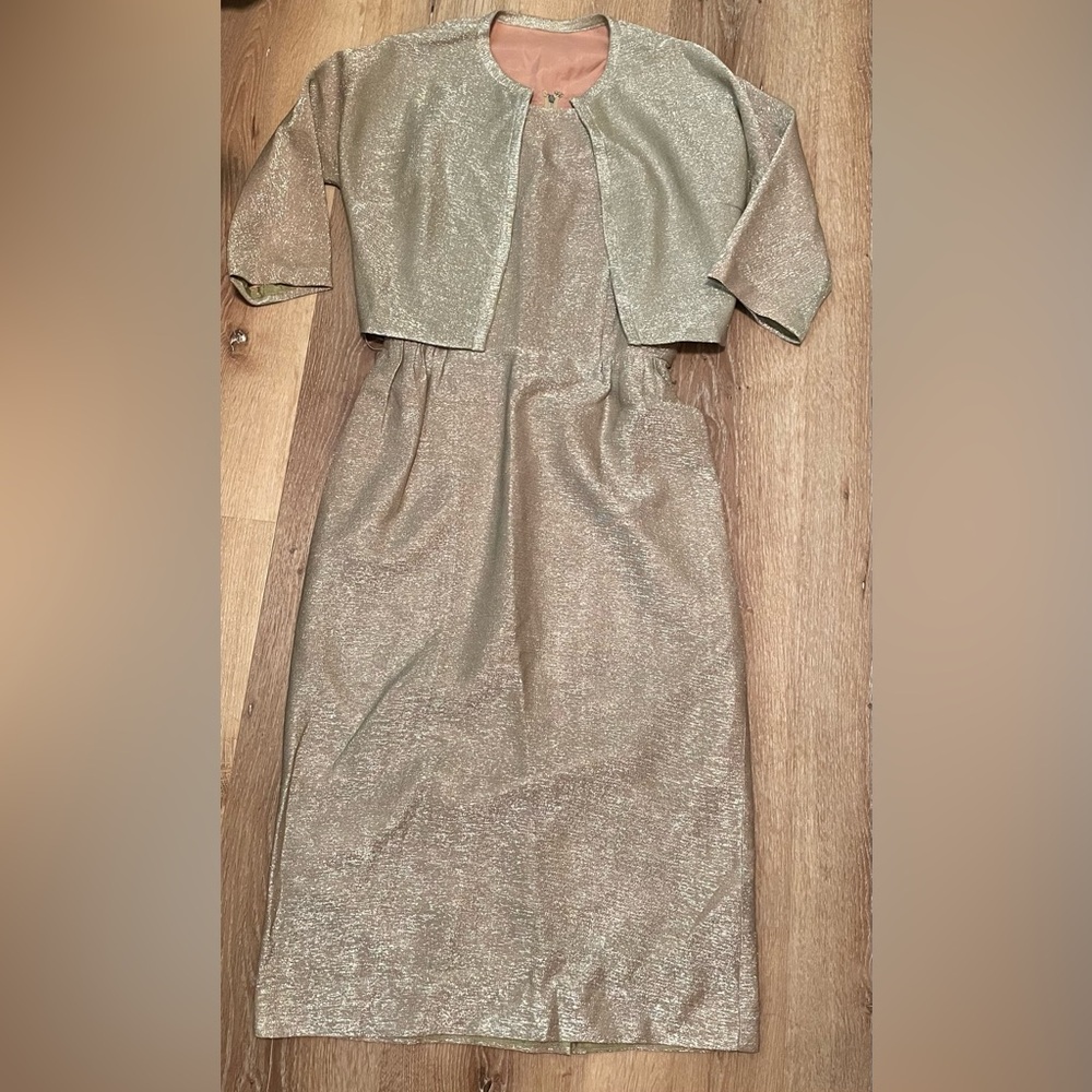 1950’s VTG bombshell Cathy Gray Gold Lurex cocktail Wiggle dress & bolero Set S - Picture 1 of 17